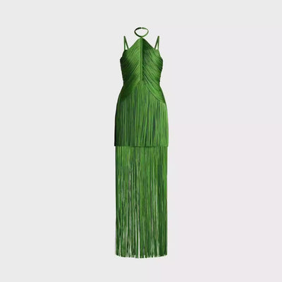 Vestido de Fiesta Verde Esmeralda con Tirantes Finos y Detalles de Borlas - Image 6