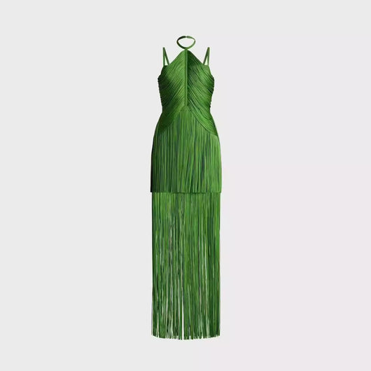 Vestido de Fiesta Verde Esmeralda con Tirantes Finos y Detalles de Borlas - Image 6