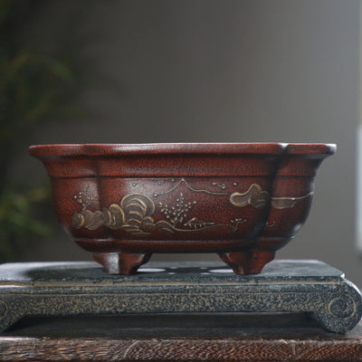 Maceta Artesanal de Barro Papaya con Pintura Floral Púrpura - Image 2