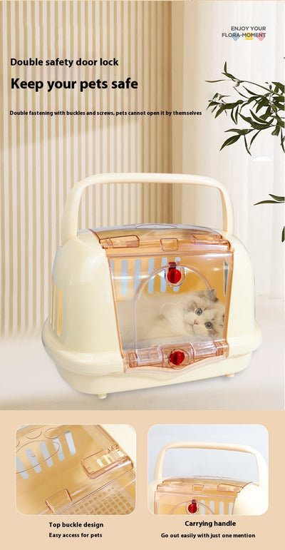Brown pet carrier with a clear front door, top handle, ventilation slots, and a white urinating pad. - Image 12