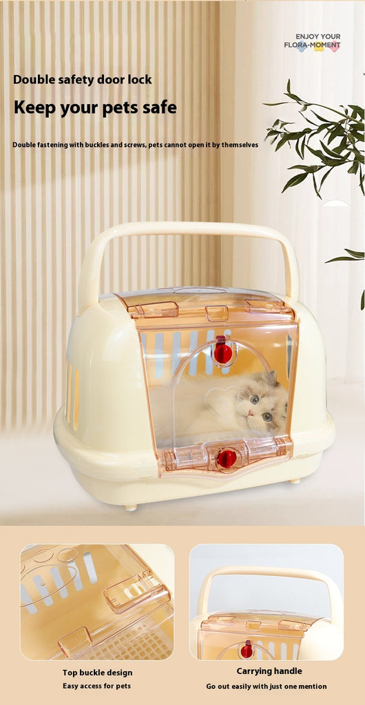 Brown pet carrier with a clear front door, top handle, ventilation slots, and a white urinating pad. - Image 12