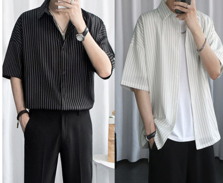 Camisa Manga Corta Hombre Rayas Negra Elegante - Image 12