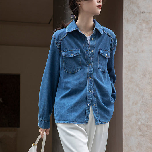 Camisa Denim Retro Azul - Prenda Versátil de Manga Larga - Image 4