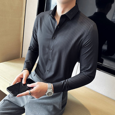 Camisa Hombre Manga Larga Rayas Oscuras Sin Costuras