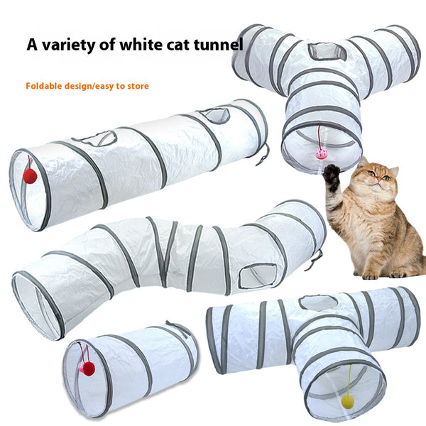 White cat tunnel with dark grey trim, featuring a red and pink hanging toy, measuring 25cm by 50cm.