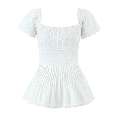 Blusa Elegante de Encaje Francés Confeccionada a Mano con Pliegues y Parches - Image 15