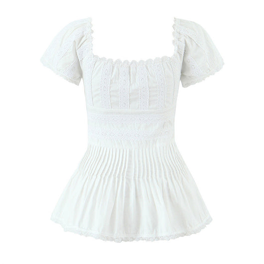 Blusa Elegante de Encaje Francés Confeccionada a Mano con Pliegues y Parches - Image 15