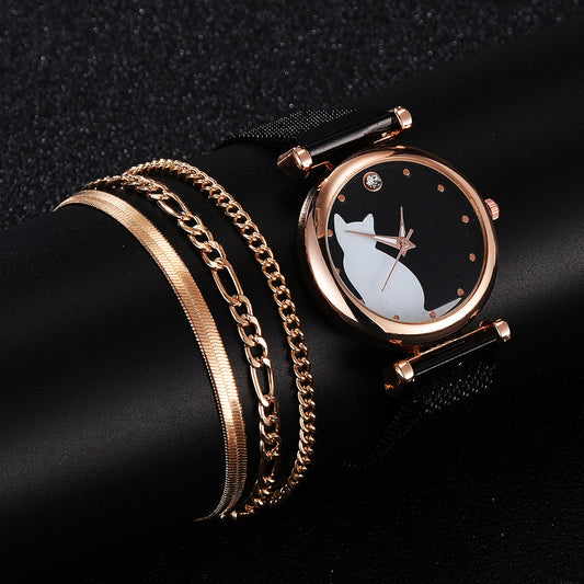 Reloj de Cuarzo para Mujer con Diseño de Gato y Pulsera Coordinada