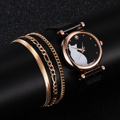 Reloj de Cuarzo para Mujer con Diseño de Gato y Pulsera Coordinada