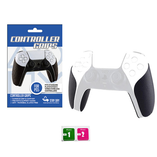 Black textured controller grips for PlayStation 5, shown with packaging and wet/dry wipes. - Image 9