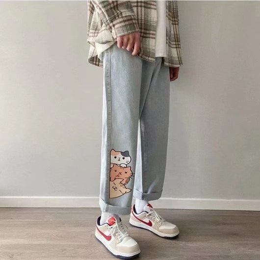 Jeans Rectos Sueltos para Hombre con Estampado Gatito - Image 8