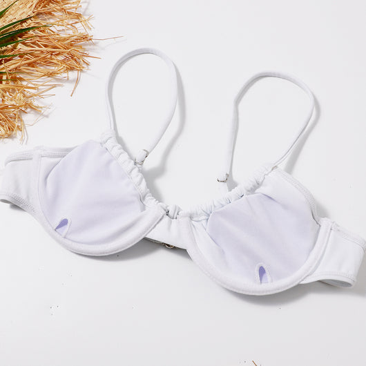 White two-piece underwire swimsuit with a front tie bikini top and adjustable string bottoms, displayed flat. - Image 3
