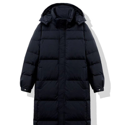 Black mid-length hooded down jacket with a quilted design, hanging on a metal rack in a store. - Image 5