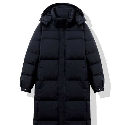 Black mid-length hooded down jacket with a quilted design, hanging on a metal rack in a store. - Image 5