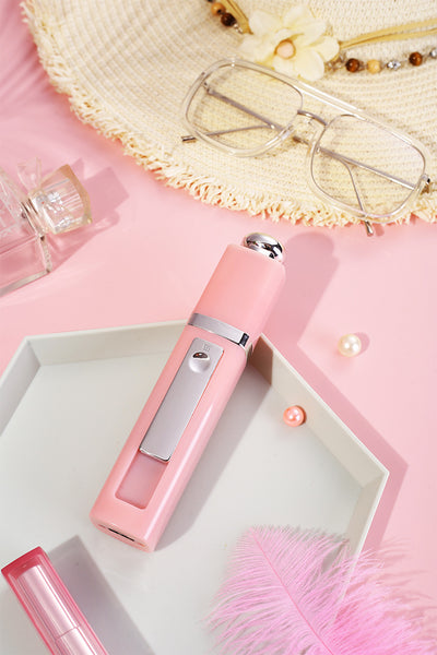 Pink USB Power Bank Nano Spray Moisturizer with silver accents, featuring a power button and sleek design. - Image 9