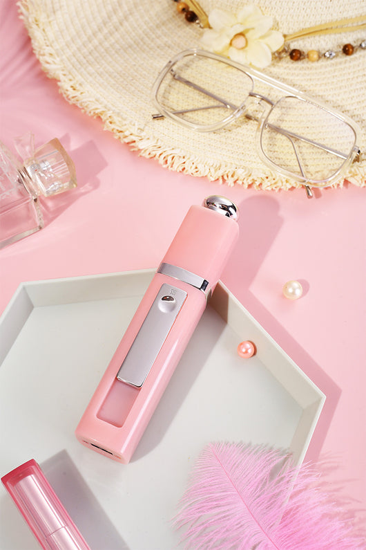 Pink USB Power Bank Nano Spray Moisturizer with silver accents, featuring a power button and sleek design. - Image 9