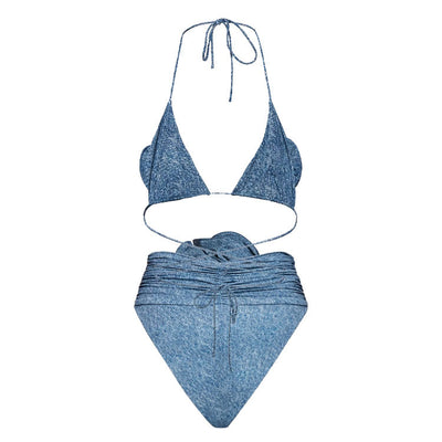 Blue 3D flower decoration halter lace-up bikini with high-waisted bottoms and matching sarong. - Image 10
