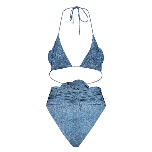 Blue 3D flower decoration halter lace-up bikini with high-waisted bottoms and matching sarong. - Image 10