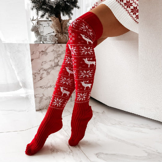 Calcetines Navideños Largos Hasta la Rodilla con Diseño de Renos y Copos de Nieve para Mujer - Image 5