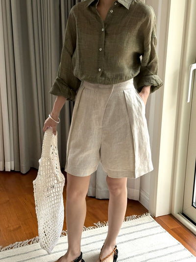 Pantalones Cropped Casual de Lino Tencel Texturado con Cierre Oblicuo - Image 10