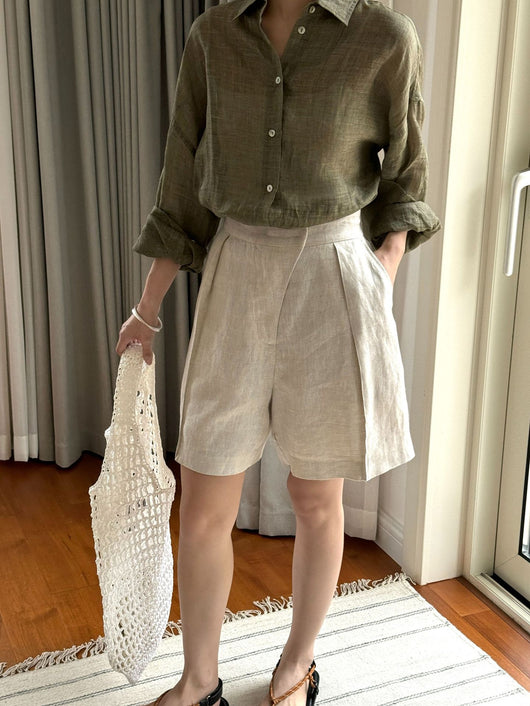 Pantalones Cropped Casual de Lino Tencel Texturado con Cierre Oblicuo - Image 10