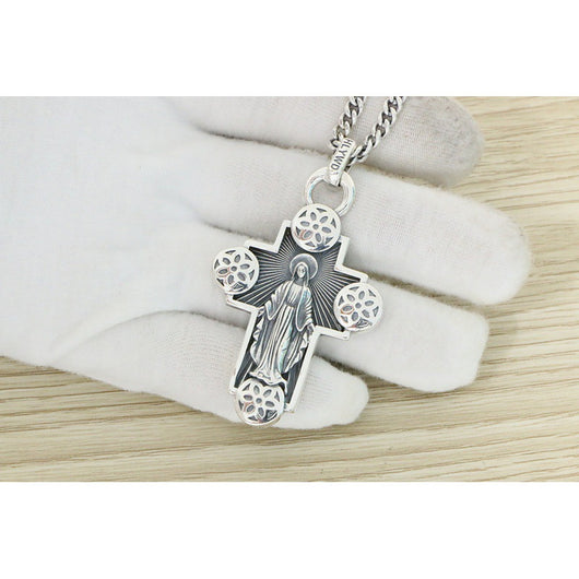 Collar de Plata Esterlina con Colgante Cruz y Flor de Cerezo Vintage Unisex - Image 5