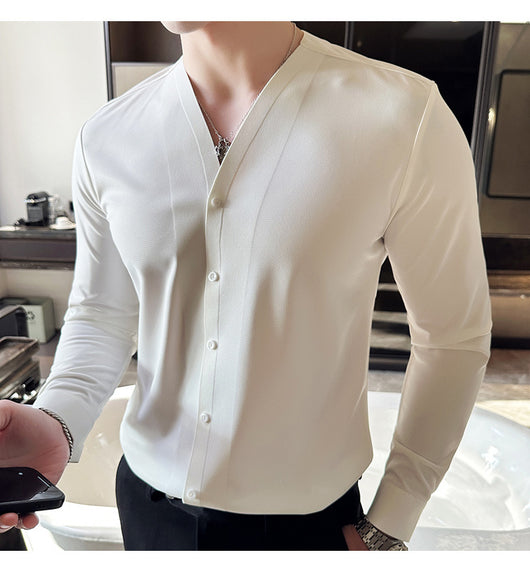 Camisa de Cuello V Manga Larga con Textura Waffle para Hombre - Image 14