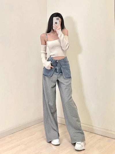 Pantalones Deportivos Denim Cintura Alta con Costuras Reforzadas