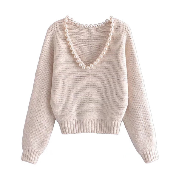 Suéter Pullover Casual Chic con Perlas Decorativas