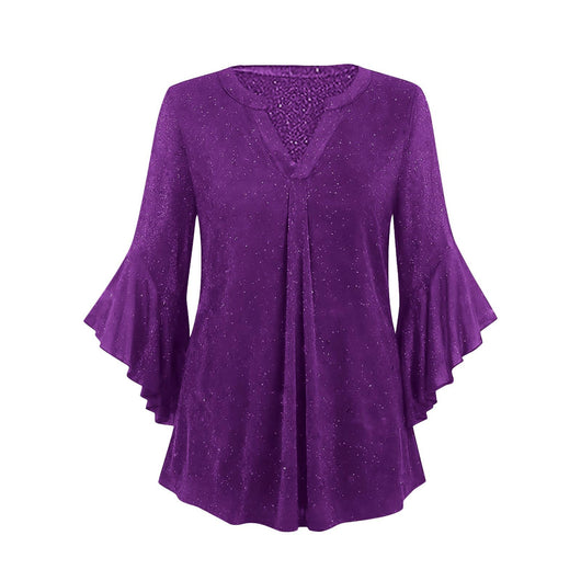 Blusa Suelta de Malla Plateada con Cuello V y Mangas 3/4 Pétalos - Image 35