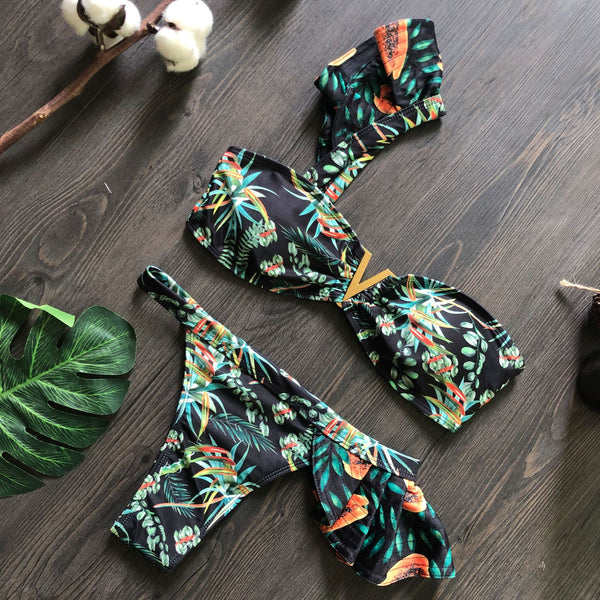 Bikini para Dama con Estampado Industrial y Espalda Descubierta