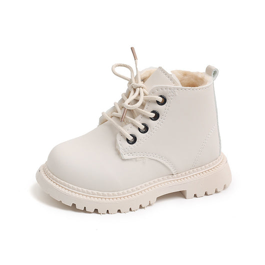 Black children's fashion Martin boots with laces and a side zipper, featuring a thick rubber sole. - Image 8