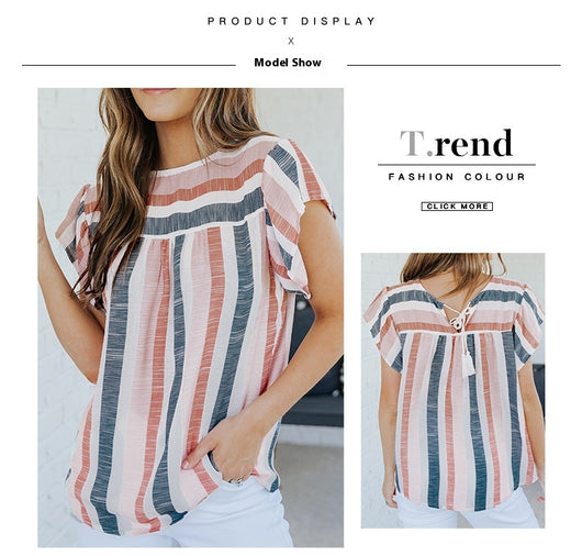Blusa de Verano con Rayas y Contraste de Colores en Gasa - Image 8
