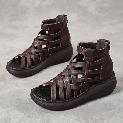 Sandalias Étnicas Retro con Cuña - Botas Tipo Sandalia de Cuero Genuino para Mujer - Image 5
