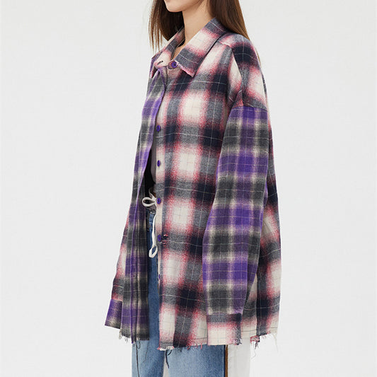 Camisa Cuadriculada Desgarrada con Paneles en Dos Tonos para Mujer - Image 2