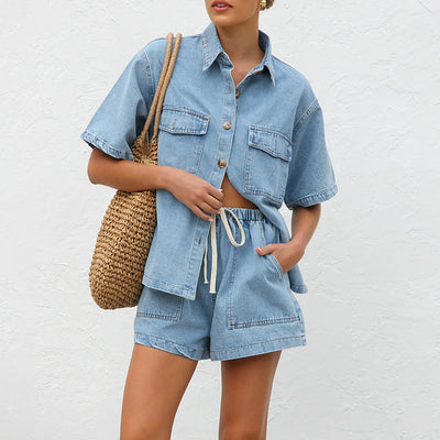 Conjunto de Blusa Suelta con Bolsillos y Pantalón Corto