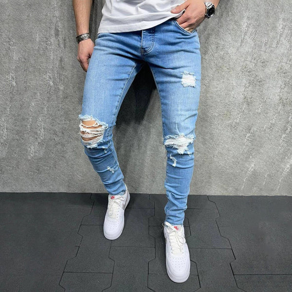 Jeans Slim Ajustados con Desgarre Estilo Europeo para Hombre