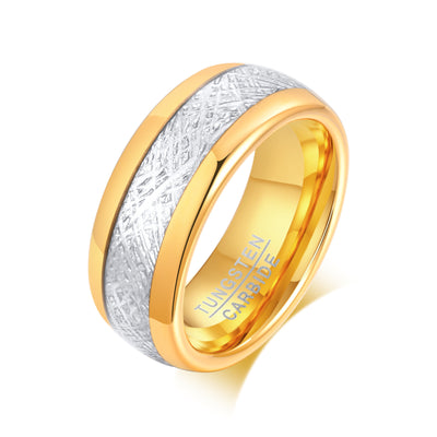Anillo de Acero Tungsteno Grabado Bicolor Dorado para Hombre 8mm