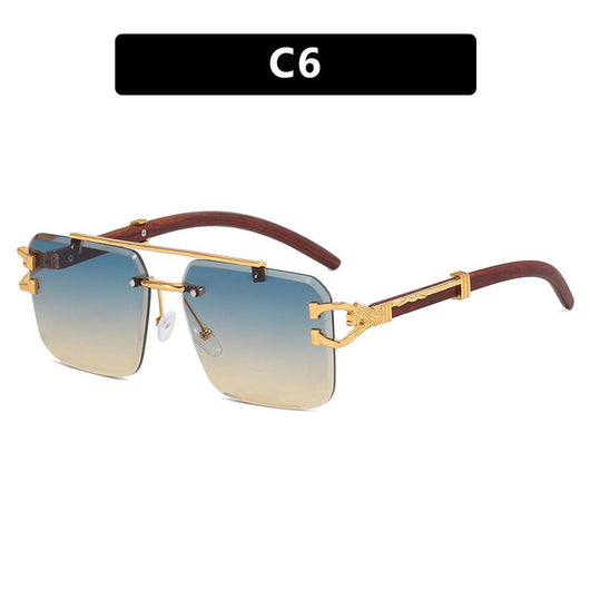 Pink gradient frameless square sunglasses with a double beam, gold-tone hardware, and dark wood-look temples. - Image 13