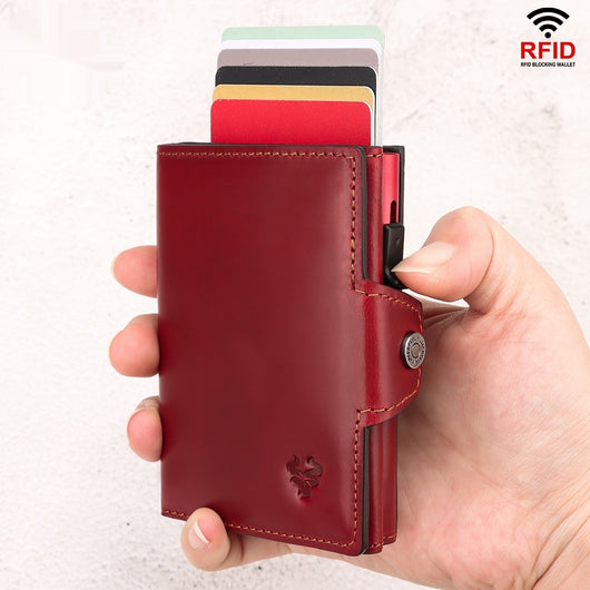 Billetera Monedero de Cuero Crazy Horse con Dispensador Automático de Tarjetas