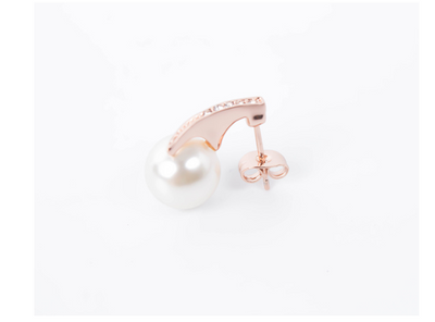 Rose gold-toned necklace and drop earrings set with white spherical pearls and clear rhinestone accents. - Image 9
