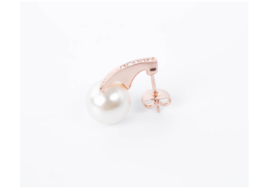 Rose gold-toned necklace and drop earrings set with white spherical pearls and clear rhinestone accents. - Image 9