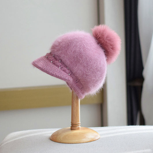 Gorro de Invierno con Pompón de Piel de Zorro y Perlas - Gorro de Punto Elegante para Mujer