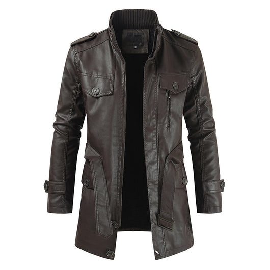 Abrigo Trench de Cuero con Cuello Mao y Forro de Terciopelo para Hombre - Image 9