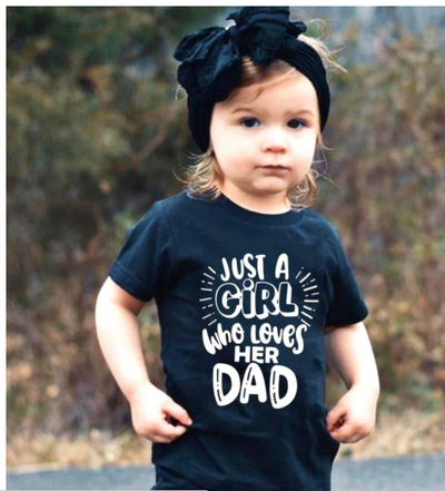 Black cotton t-shirt for dad with pink "JUST A DAD who loves HIS GIRL" text and matching baby onesie. - Image 13