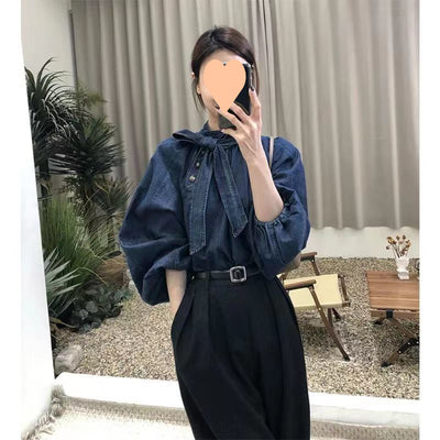 Camisa Denim Retro Suelta con Cuello y Cordones para Mujer - Image 16