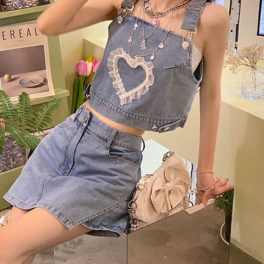 Conjunto Dos Piezas: Top Denim Fruncido y Falda A-línea Cintura Alta - Image 4
