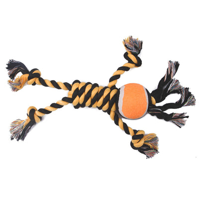 Black and yellow twisted rope dog toy with a bright orange and white tennis ball in the center, for chewing. - Image 6