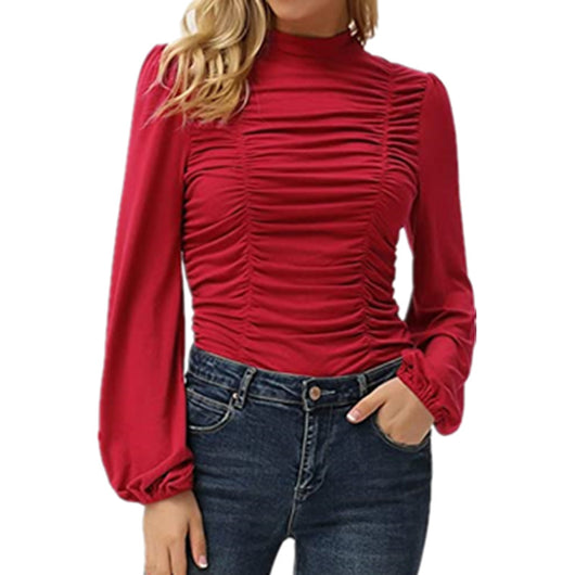 Blusa Manga Linterna Cuello Alto Colores Sólidos para Mujer - Image 14