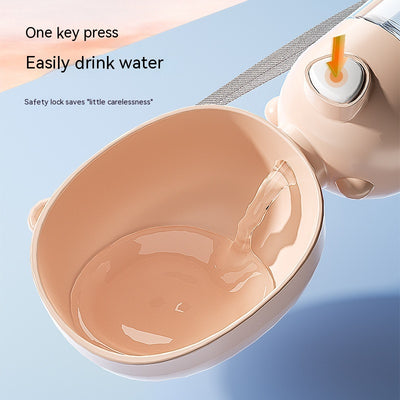 Yellow portable pet water bottle with clear reservoir, built-in drinking bowl, and wrist strap, 28cm tall. - Image 3